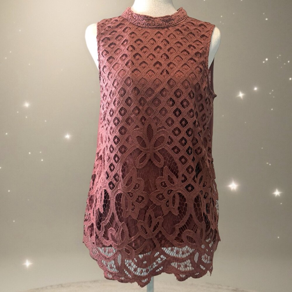 MAUVE lace overlay Sleeveless  Blouse romantic cottagecore